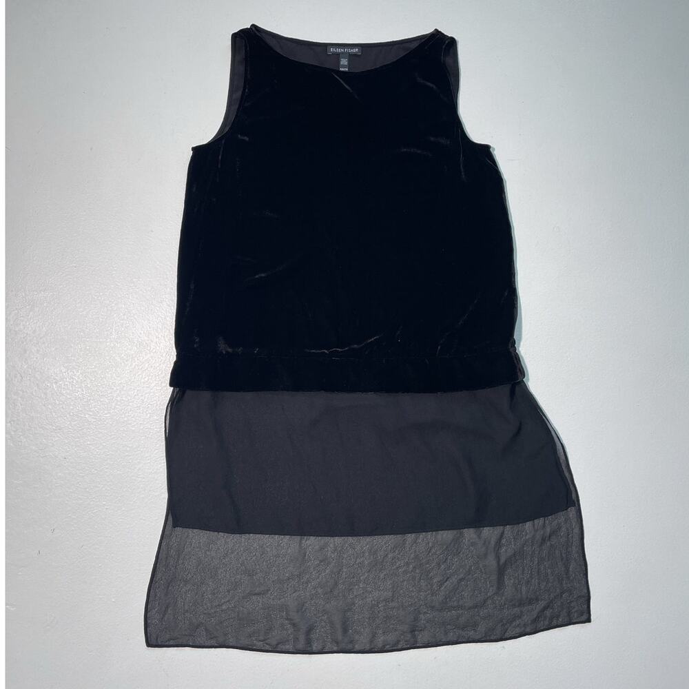 EILEEN FISHER Black Velvet Silk Bateau Boxy Tank Top Tunic Sz XXS Sheer Minimal